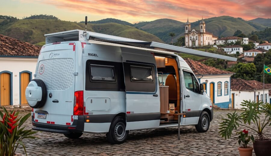 Motorhome simples convertido, estacionado em cidade histórica brasileira